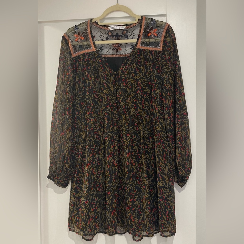 ZARA Spanish Black Red and Yellow with Embroidered Flowers Dress | Size M